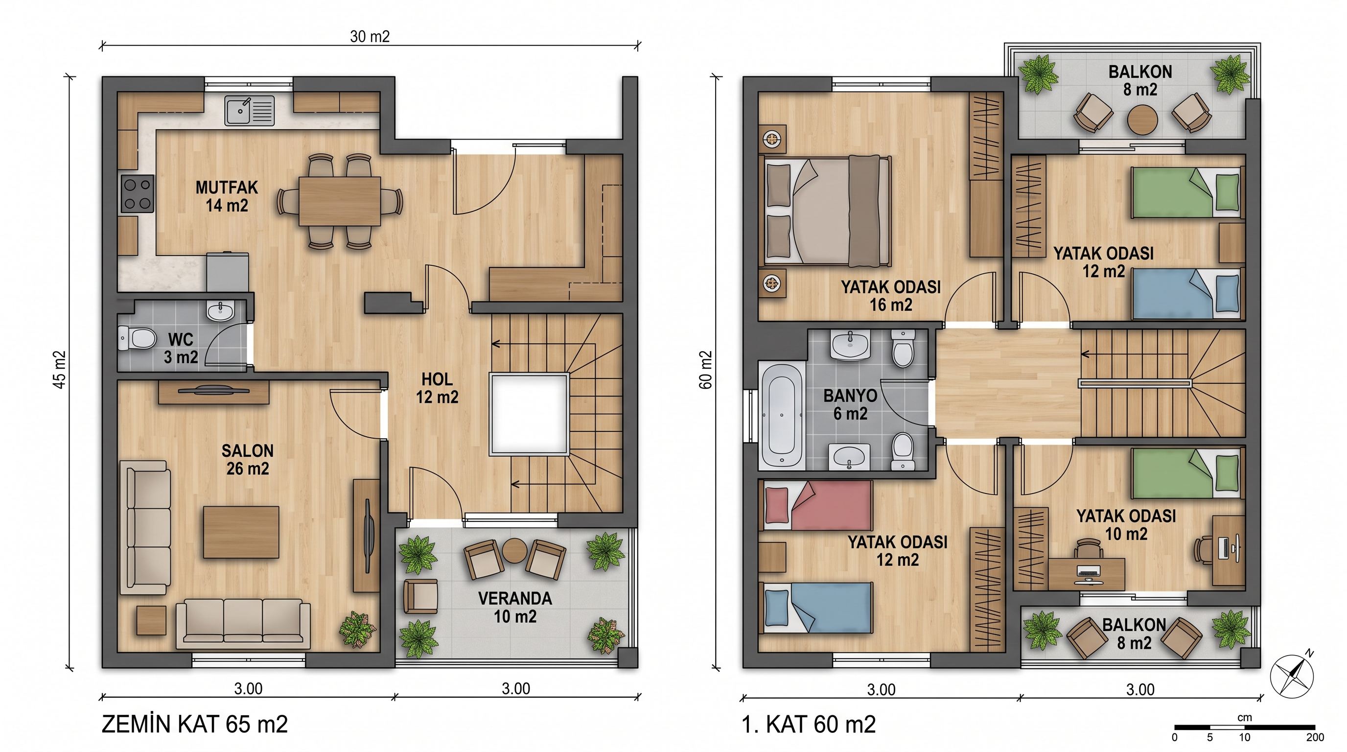 125 m² (3+1) Çift Katlı Dubleks Prefabrik Villa - Kat Planı